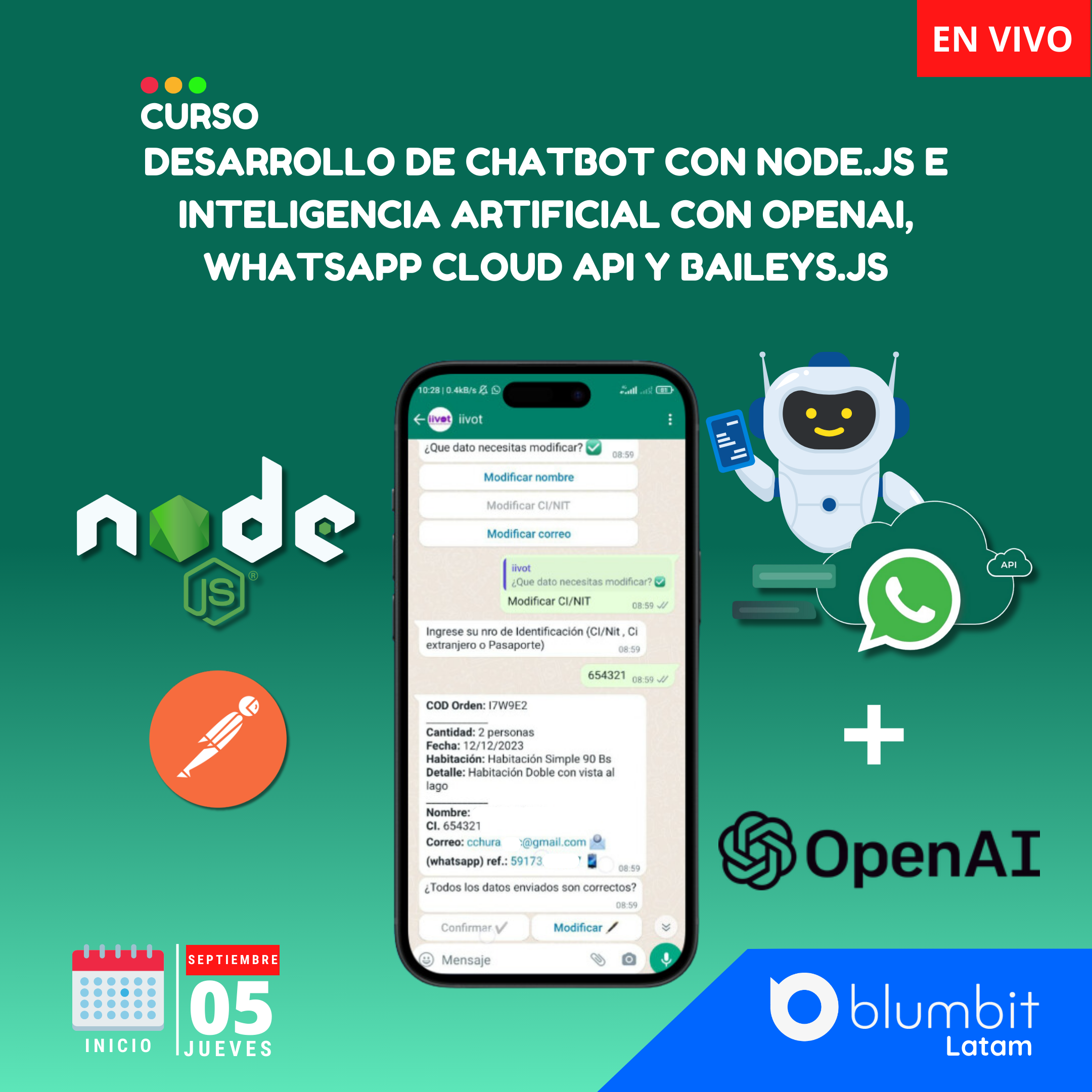 CURSO DESARROLO DE CHATBOT CON NODE.JS E INTELIGENCIAARTIFICIAL CON OPENAI, WHATSAPP CLOUD API Y BAILEYS.JS